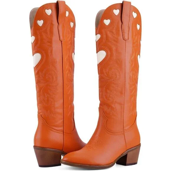 Women's Orange Wide Calf Round Toe Chunky Stacked Heel Knee High Cowgirl Boot - Picture 6 of 9
